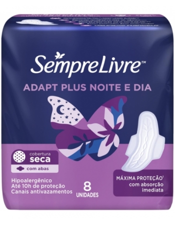 ABSORVENTE SEMPRE LIVRE ADAPT PLUS NOITE E DIA COBERTURA SECA COM ABAS - 8 UNIDADES