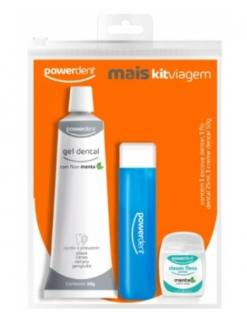 KIT VIAGEM POWERDENT LIGHT ESCOVA DENTAL + FIO DENTAL 25M + GEL DENTAL 50G - CORES SORTIDAS